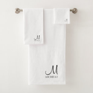 Custom Black White Typography Monogram Name Bath Towel Set