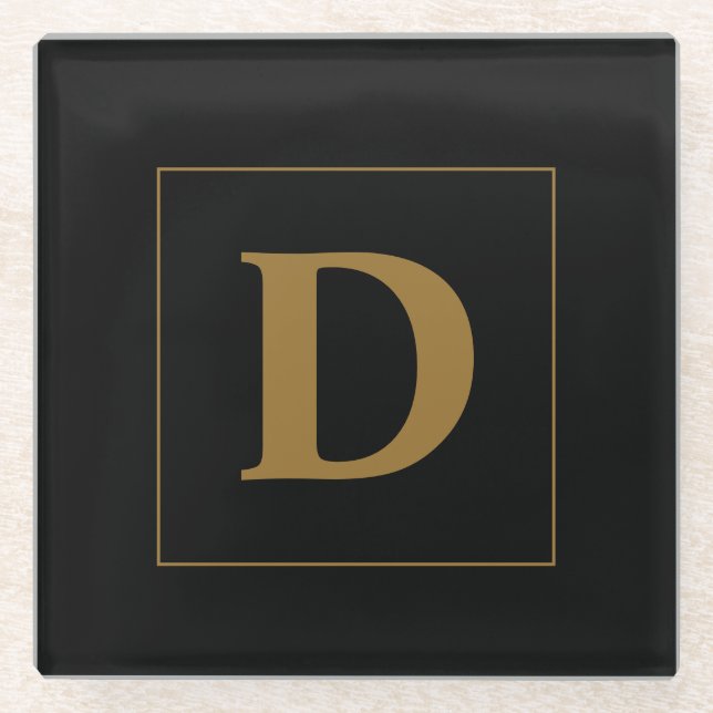 Custom Black With Gold Family Initial Glass Coaster (Front)