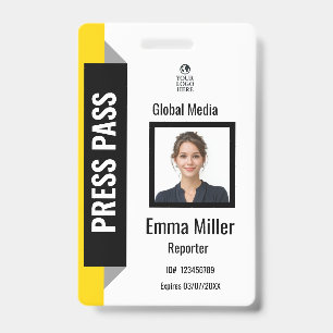 Custom Black & Yellow Media Pass   Press ID  Badge