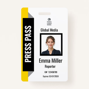 Custom Black & Yellow Media Pass Press ID Badge ID Badge