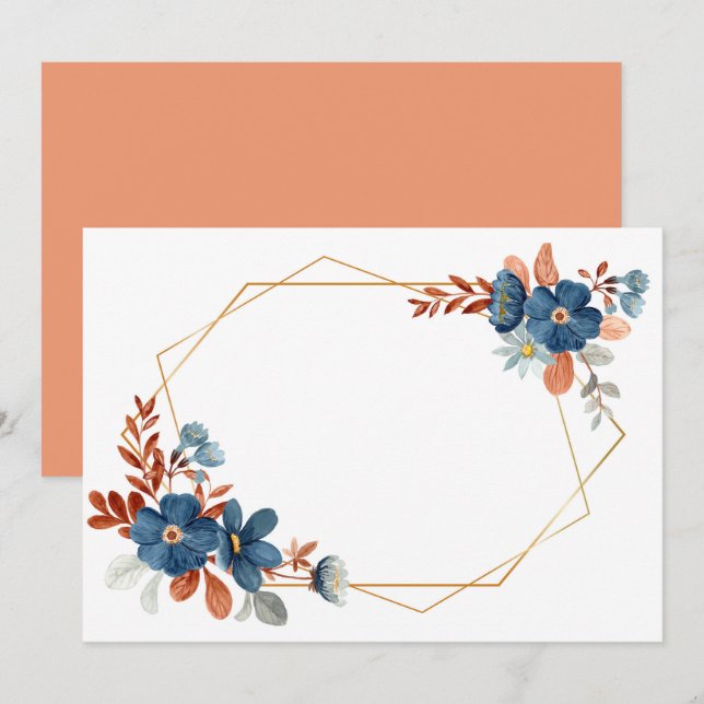 Custom Blank Blue Floral Gold Frame Save The Date (Front/Back)