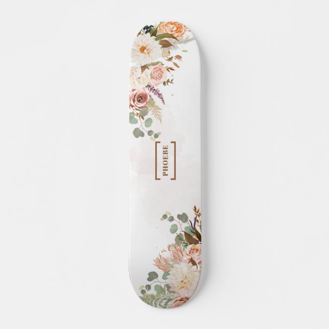 Custom Bloom Rustic Floral Monogram Name Skateboard (Front)