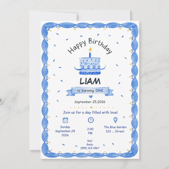 Custom Blue 1st Birthday Boy Invitation (Front)