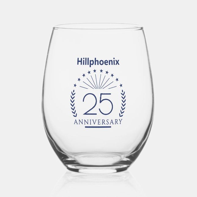 Custom Blue 25th Wedding Anniversary Typograph Stemless Wine Glass (Front)