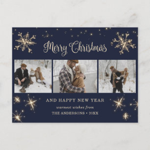 Custom Blue 3 Photo Merry Christmas Postcards