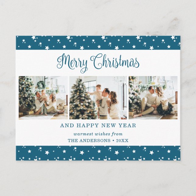 Custom Blue 3 Photo Stars Christmas Postcards (Front)