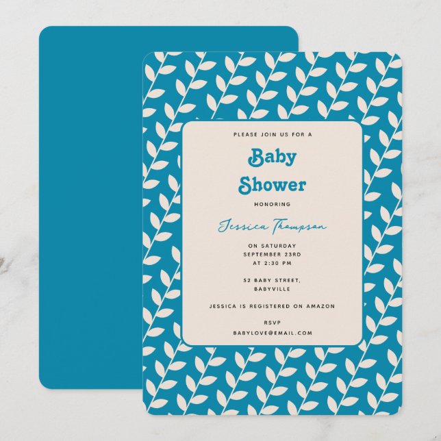 Custom Blue 70s Retro Leaf Boy Baby Shower Invitation (Front/Back)