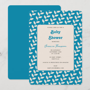 Custom Blue 70s Retro Leaf Boy Baby Shower Invitation