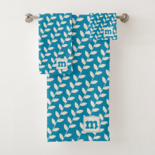 Custom Blue 70s Retro Leaf Pattern Monogram Bath Towel Set