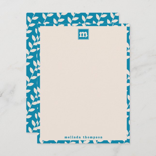 Custom Blue 70s Retro Leaf Pattern Monogram Card (Front/Back)