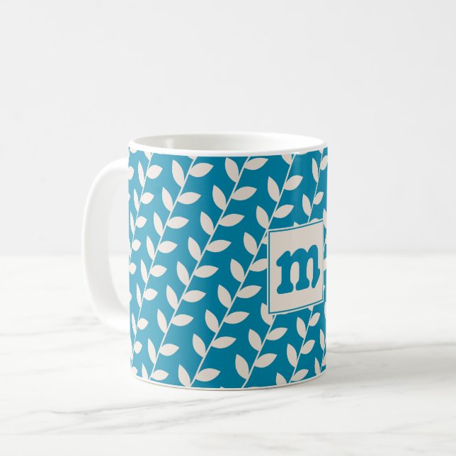 Custom Blue 70s Retro Leaf Pattern Monogram Coffee Mug (Front Left)