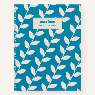 Custom Blue 70s Retro Leaf Pattern Monogram Notebook