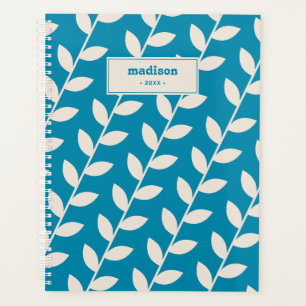 Custom Blue 70s Retro Leaf Pattern Monogram Planner