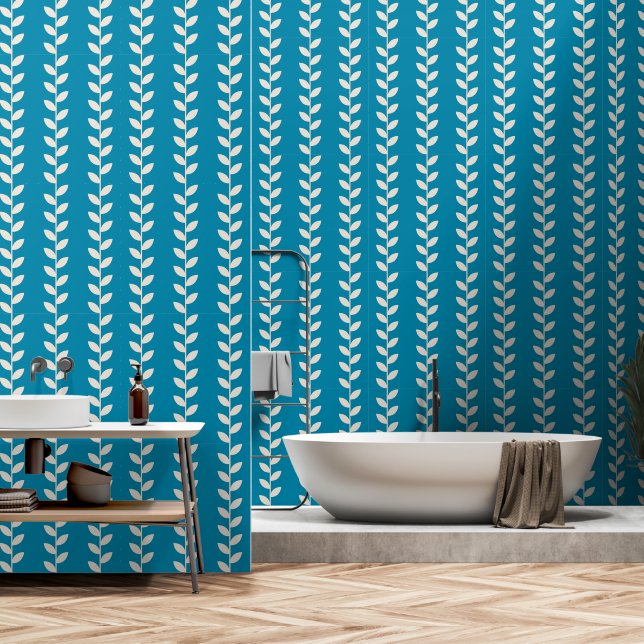 Custom Blue 70s Retro Leaf Pattern Wallpaper (Bathroom)