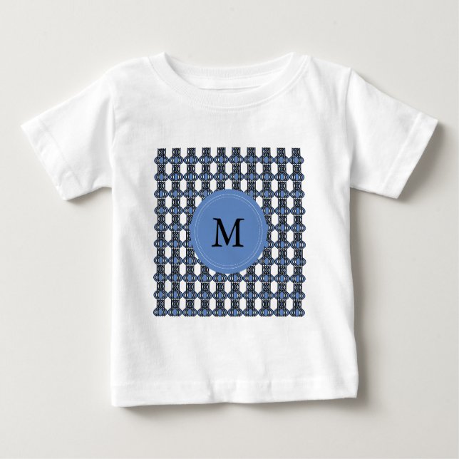Custom Blue Abstract Scarab Pattern Monogram Baby T-Shirt (Front)