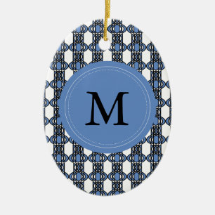 Custom Blue Abstract Scarab Pattern Monogram Ceramic Tree Decoration