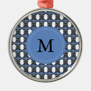 Custom Blue Abstract Scarab Pattern Monogram Metal Tree Decoration