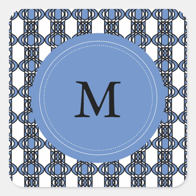 Custom Blue Abstract Scarab Pattern Monogram Square Sticker (Front)