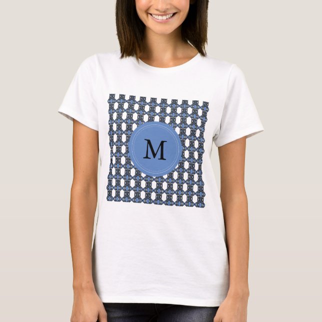 Custom Blue Abstract Scarab Pattern Monogram T-Shirt (Front)