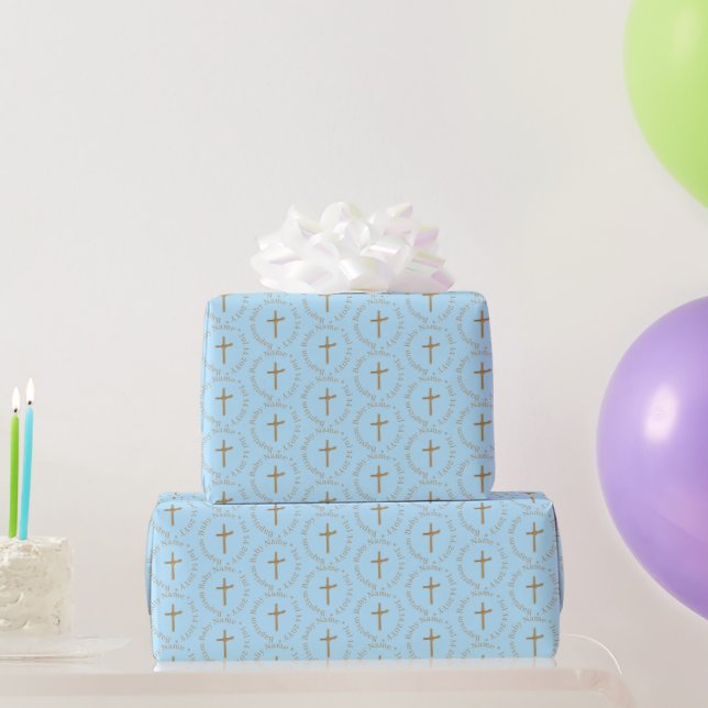 Custom Blue and Golden Boy Baptism Wrapping Paper (Party Gifts)