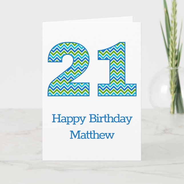 Custom Blue and Green Chevron 21st Birthday Card (Front)