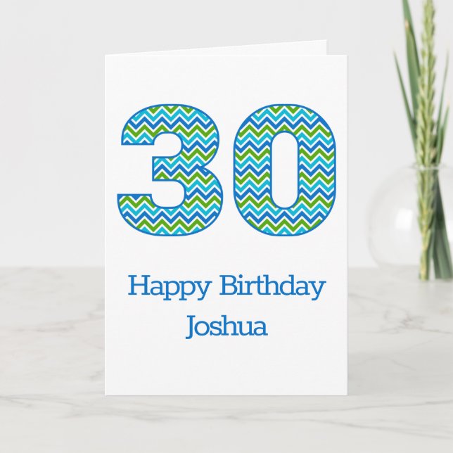 Custom Blue and Green Chevron 30th Birthday Card (Front)