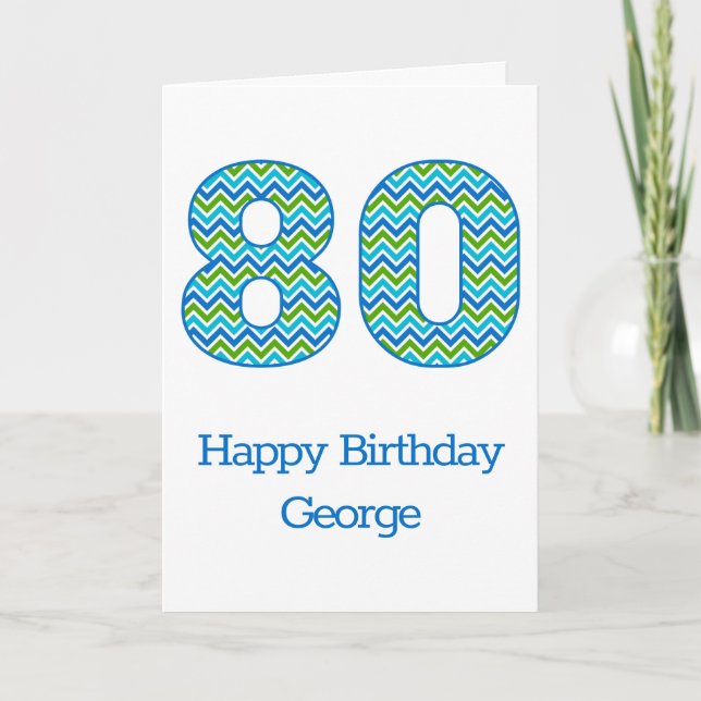 Custom Blue and Green Chevron 80th Birthday Card (Front)