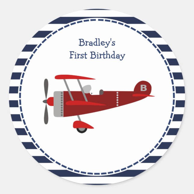 Custom Blue and Red Aeroplane Birthday Classic Round Sticker (Front)