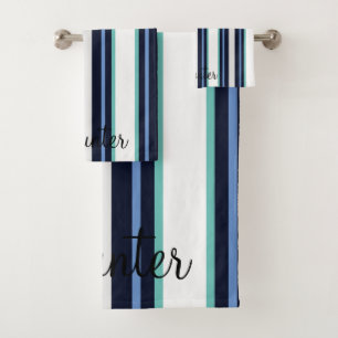 Custom Blue And Teal Modern Cursive Family Bath Towel Set