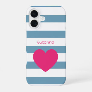 Custom Blue and White Bold Striped Pink Heart  iPhone 16 Case