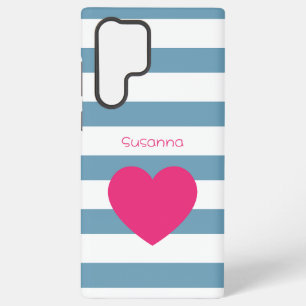 Custom Blue and White Bold Striped Pink Heart  Samsung Galaxy Case