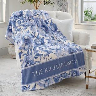 Custom Blue and White Chinoiserie Floral Pattern Fleece Blanket