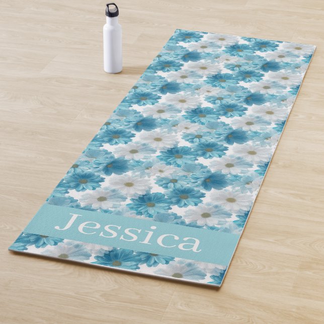 Custom Blue and White Daisy Floral Pattern Yoga Mat (In Situ)