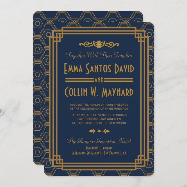 Custom Blue Art Deco Wedding Invites (Front/Back)