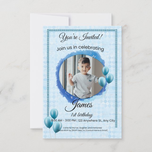 Custom Blue Balloon Photo Birthday Invitation (Front)