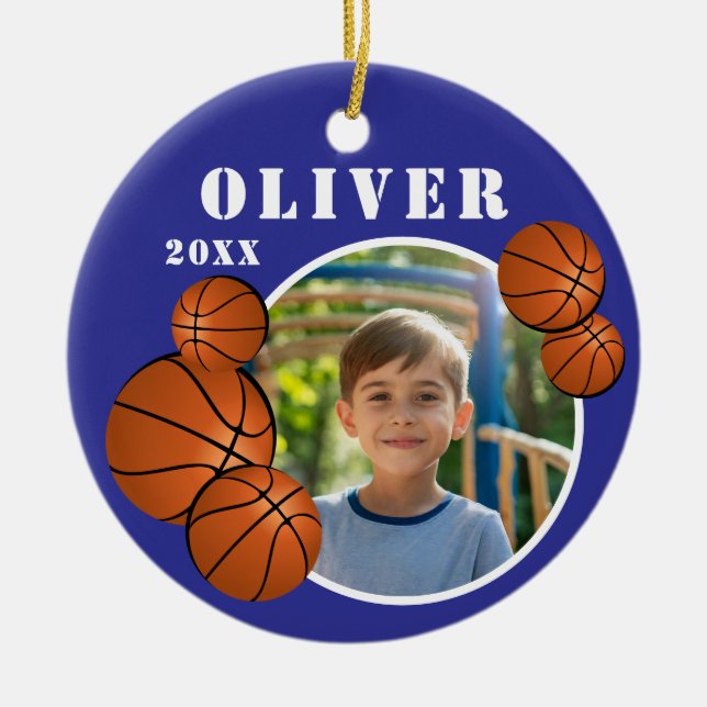 Custom Blue Basketball Ball Sports Photo Ceramic Tree Decoration (Front)