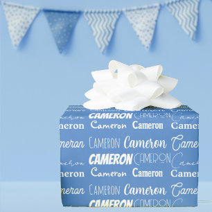 Custom Blue Birthday Boys Name Collage Wrapping Paper