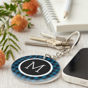 Custom Blue Black Buffalo Check Plaid Pattern Key Ring