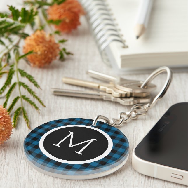 Custom Blue Black Buffalo Check Plaid Pattern Key Ring (Front Right)