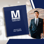 Custom Blue Bold Monogram Logo Business Name Planner<br><div class="desc">Personalised planner with employee name and year features a simple and modern bold business monogrammed logo with colour block business name and tagline. Customisable typography stretches to align on both sides to create a block on top of another block aesthetic. Professional and elegant navy blue background.</div>
