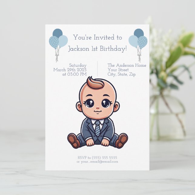 Custom Blue Bosss Baby Birthday Invitation (Standing Front)