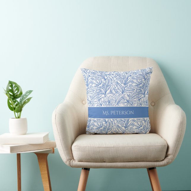 Custom Blue Botanical Floral Throw Pillow (Chair)