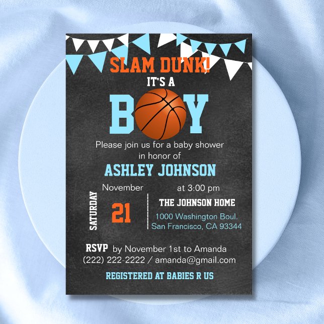 Custom Blue Boy Basketball Baby Shower Invitations (Custom Blue Boy Basketball Baby Shower Invitations)
