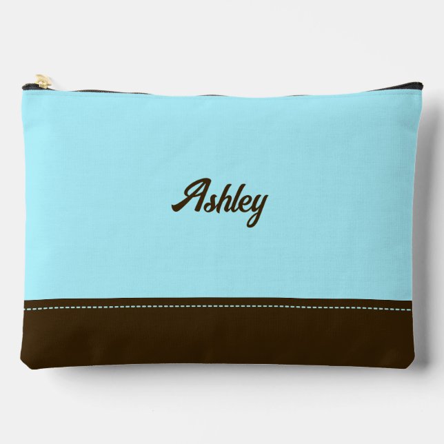 Custom blue brown personalized preppy stylish chic accessory pouch (Front)