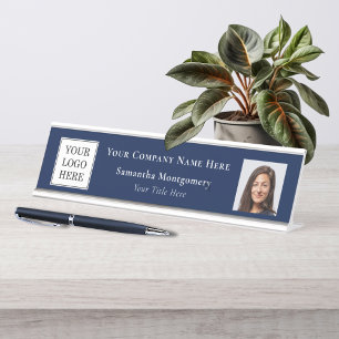 Custom Blue Business Logo Photo Company Name Title Desk Name Plate