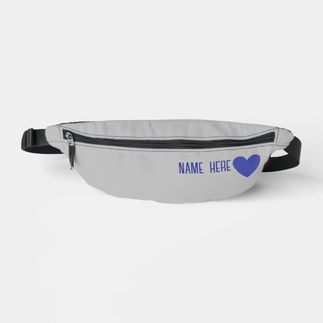 Custom Blue Chequered Pattern Heart Name Grey Bum Bags (Front)