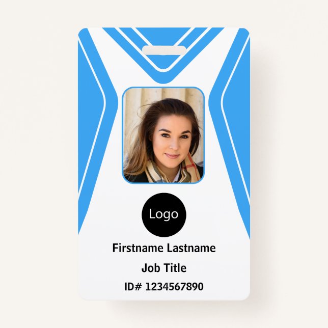 custom blue company employee Photo, Logo, Bar Code ID Badge (Front)