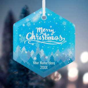 Custom Blue Crystal Snow & Forest Merry Christmas Glass Tree Decoration