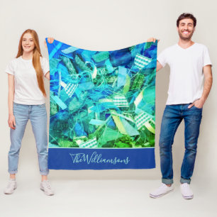 Custom Blue Cyan Green Abstract Nautical Stripes Fleece Blanket