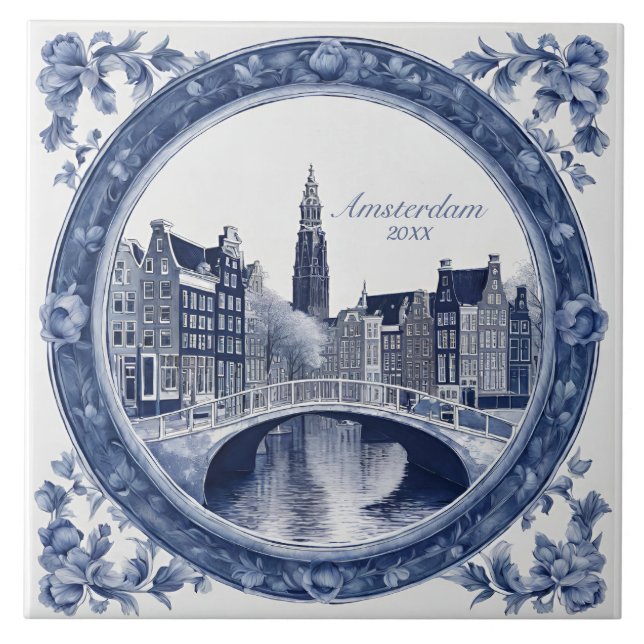 Custom Blue Delft Amsterdam Souvenir Tile (Front)